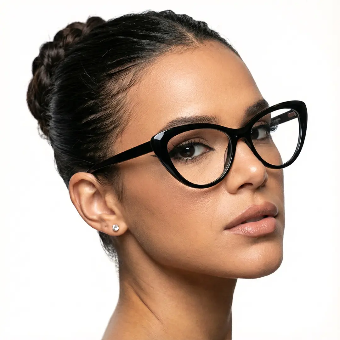 Profile view of female wearing black cat eye eyeglasses, neutral expression, CR0902302