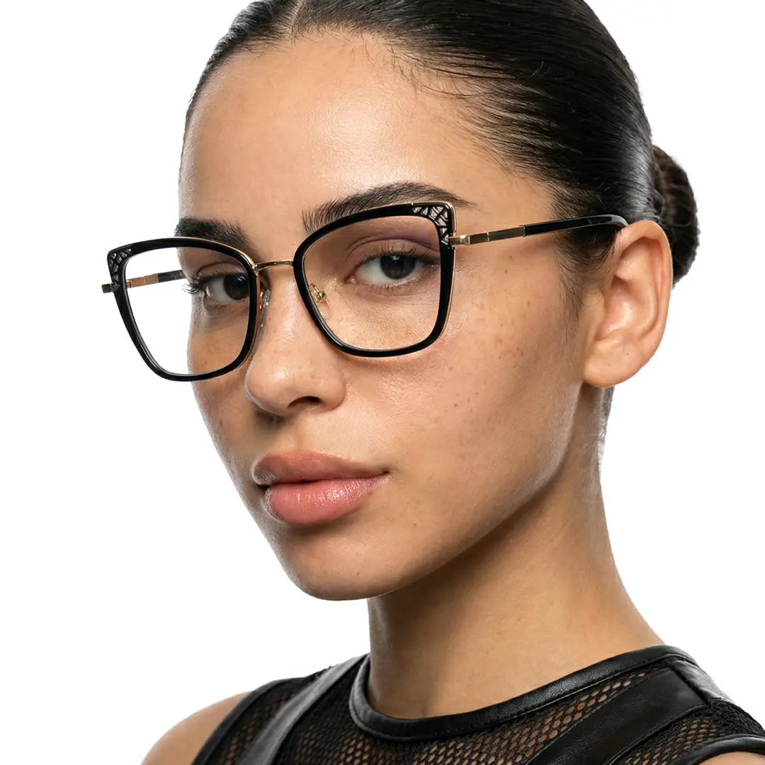Profile view of female wearing black cat eye eyeglasses, neutral expression, CX0062510