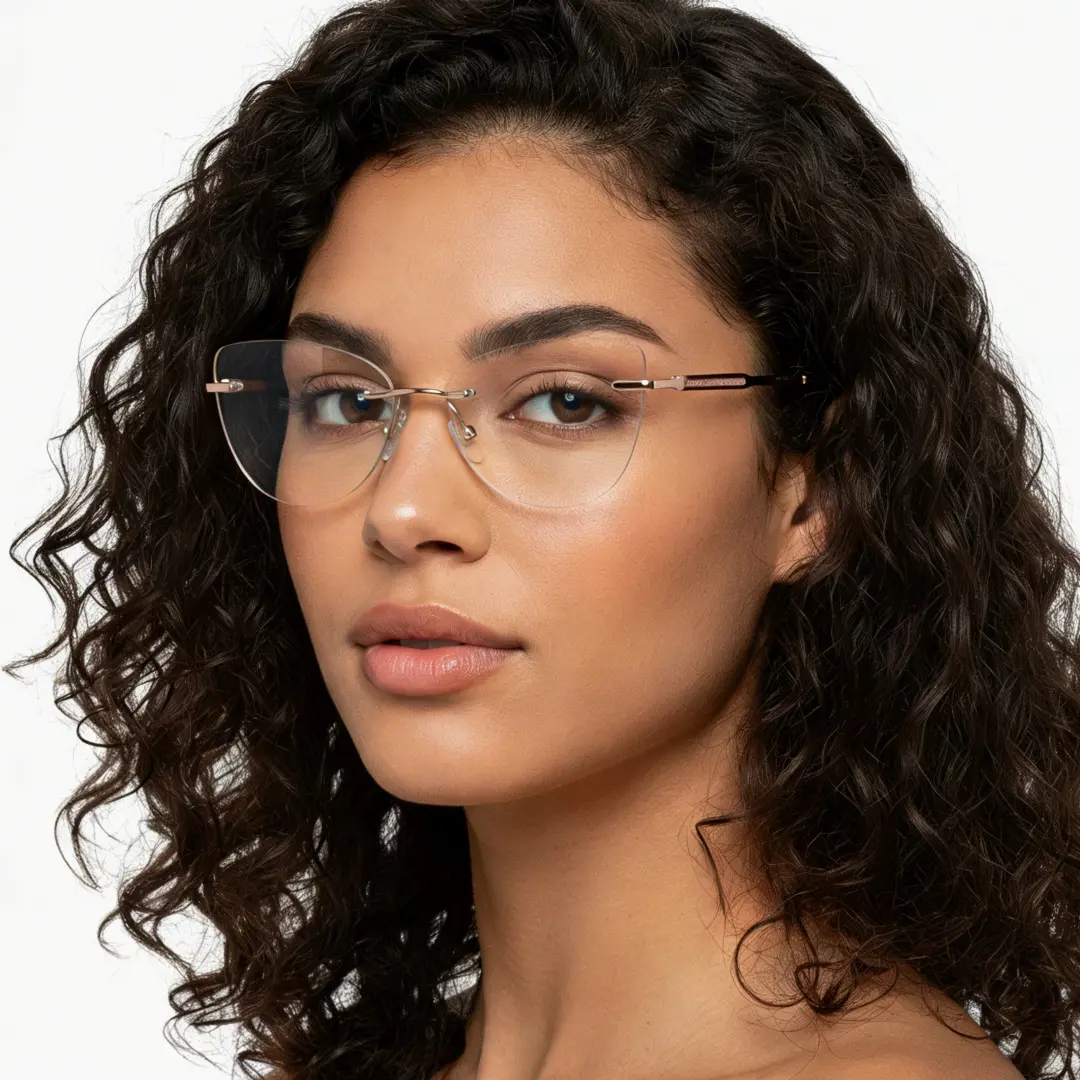 Profile view of female wearing pink cat eye eyeglasses, neutral expression, CX0102507