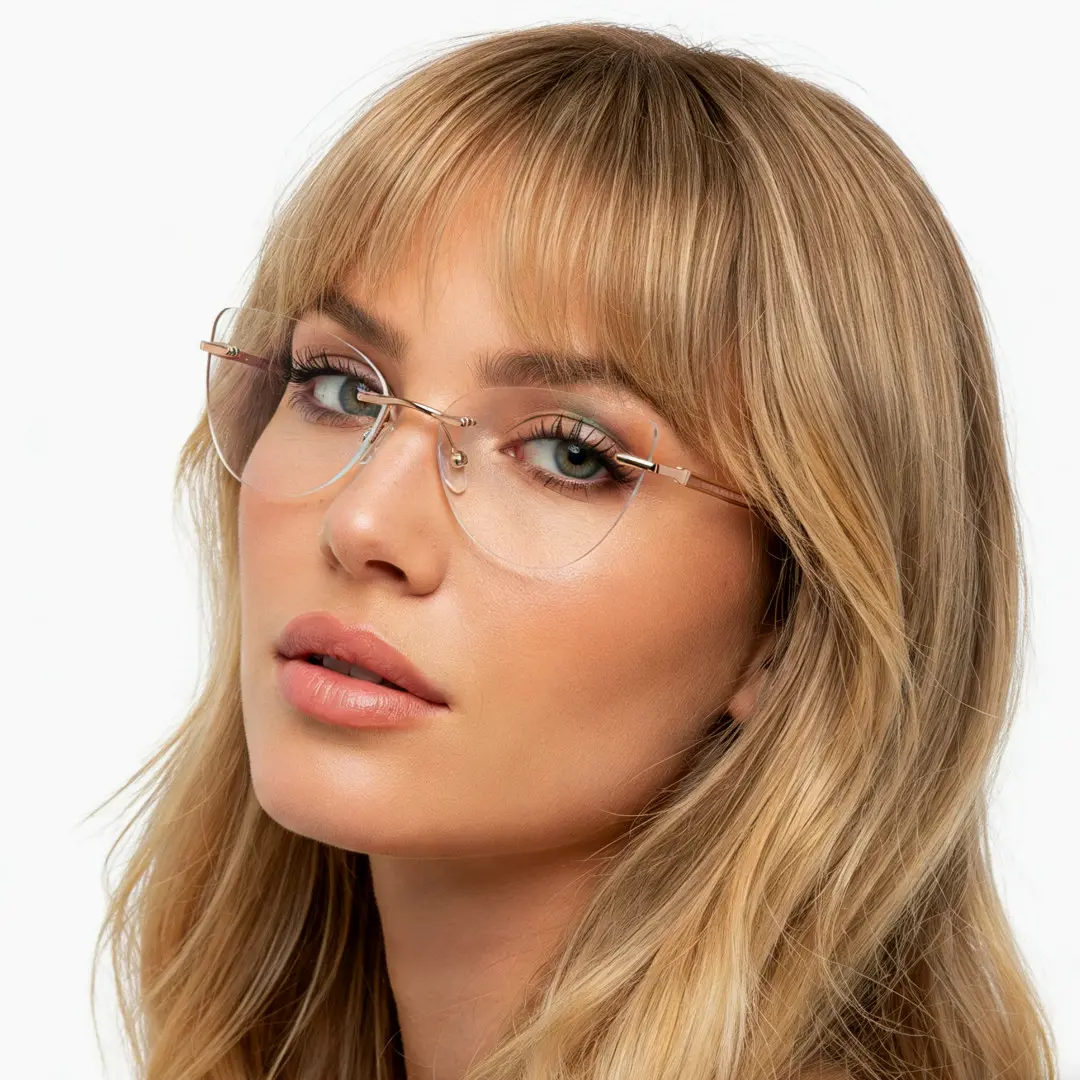 Tilted head view of female wearing pink cat eye eyeglasses, natural expression, CX0102507