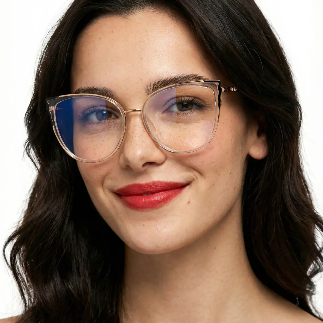 Close-up view of female wearing clear cat eye eyeglasses, natural smile, CX0442504