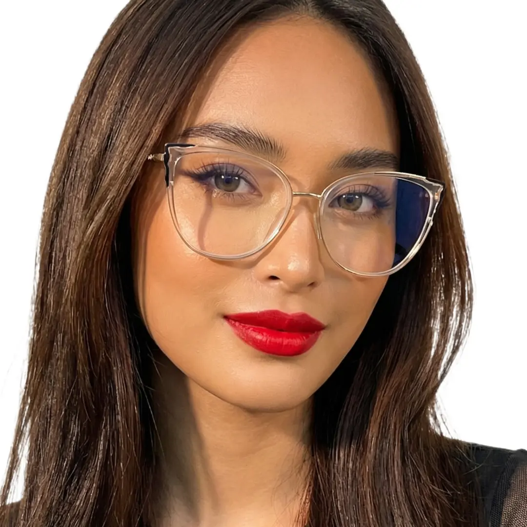 Front view of female wearing clear cat eye eyeglasses, neutral expression, CX0442504