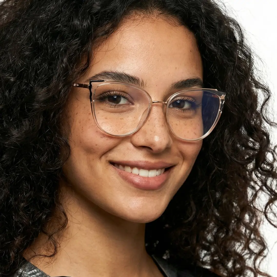 Three-quarter view of female wearing clear cat eye eyeglasses, smiling, CX0442504