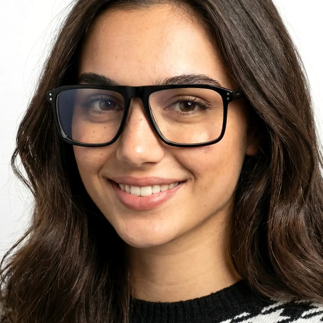 Front view of female wearing black rectangle eyeglasses, smiling, EA0012508