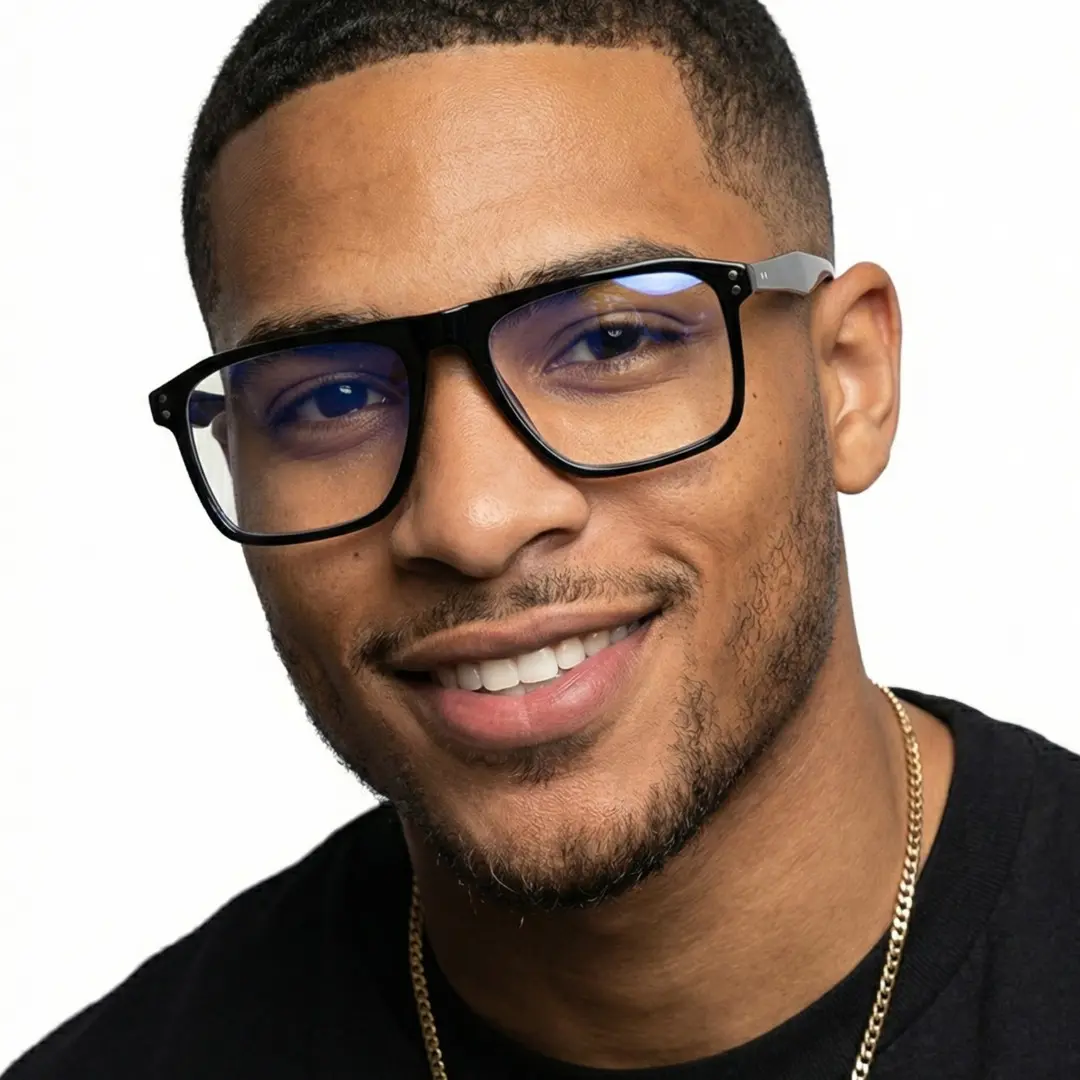 Three-quarter view of female wearing black rectangle eyeglasses, smiling, EA0012508