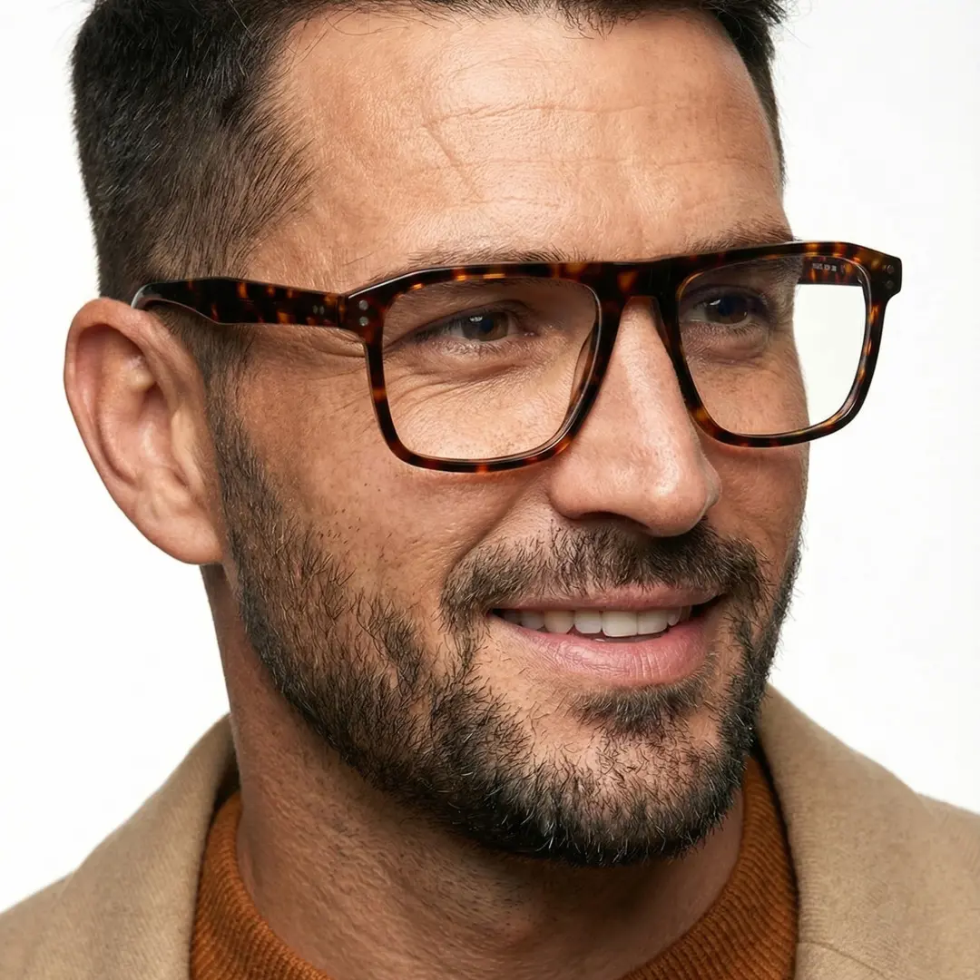 Looking away view of male wearing tortoise rectangle eyeglasses, natural smile, EA0012508