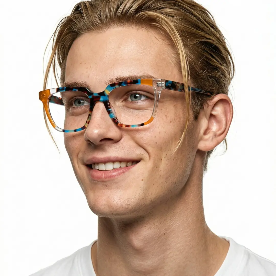 Looking away view of male wearing colorful multicolor rectangle eyeglasses, natural smile, EA0042209