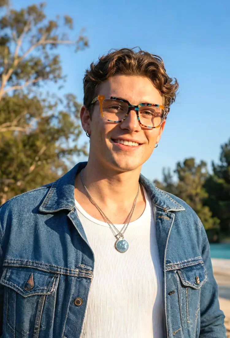 Male model wearing colorful multicolor rectangle acetate eyeglasses outdoors with blue sky and trees. SPU: EA0042209