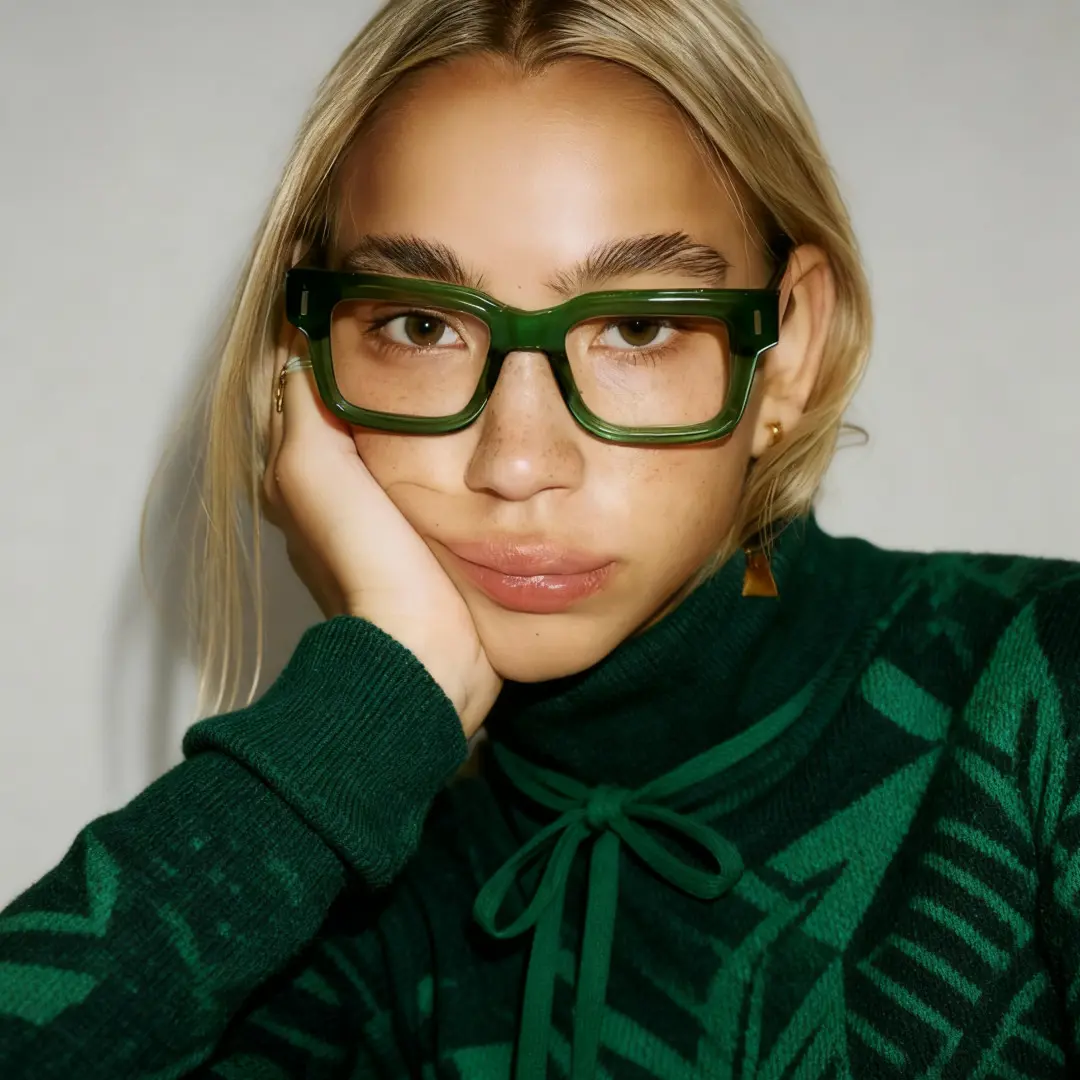 Front view of female wearing green rectangle eyeglasses, hand near face, calm expression, EA0052506