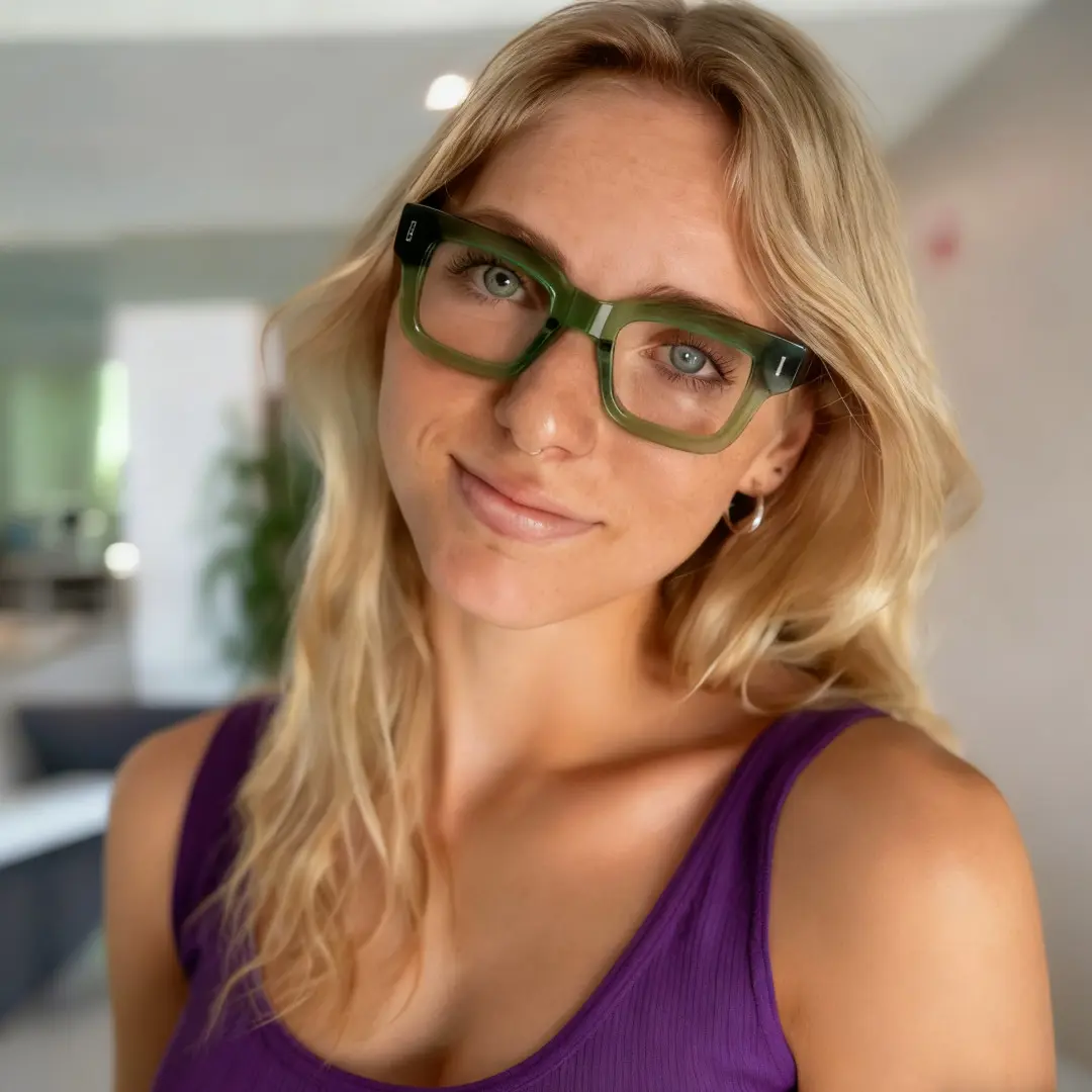 Tilted head view of female wearing green rectangle eyeglasses, natural expression, EA0052506