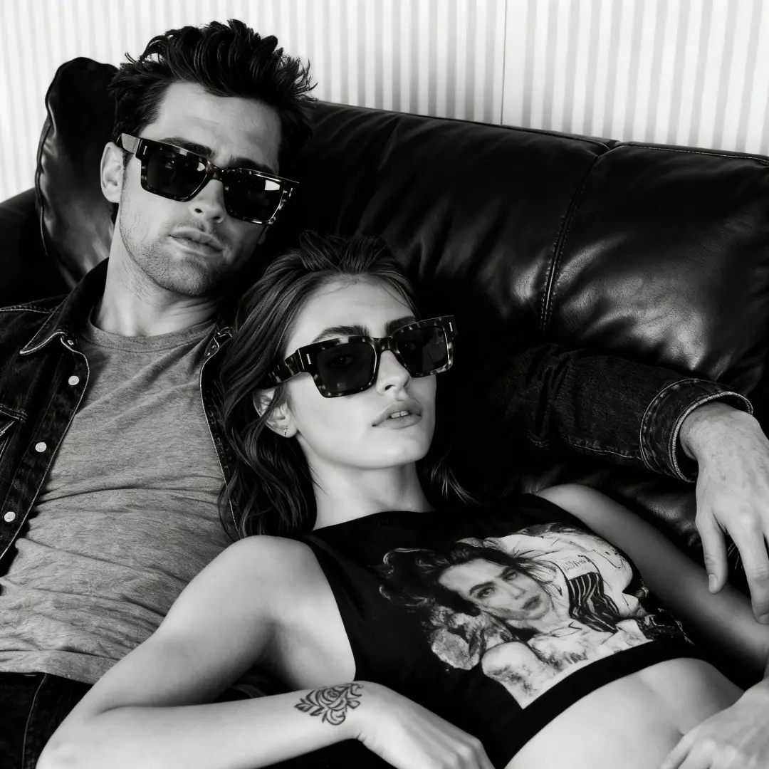 Looking away view of couple wearing tortoise rectangle eyeglasses, neutral expression, EA0052506