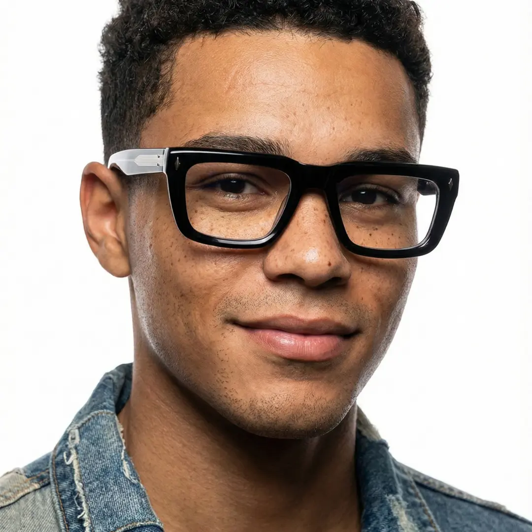 Front view of male wearing black rectangle eyeglasses, friendly smile, EA0062305