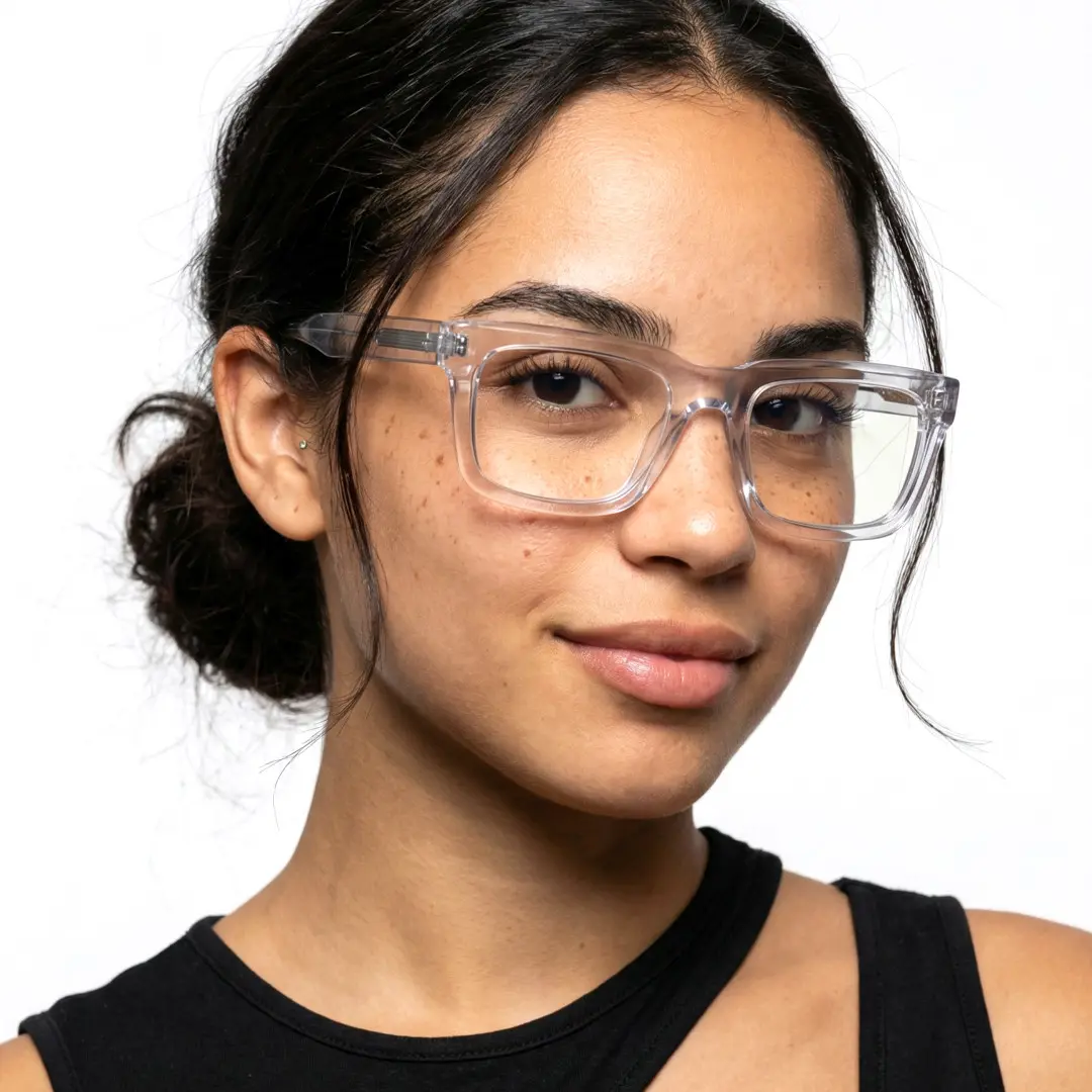 Three-quarter view of female wearing clear rectangle eyeglasses, neutral expression, EA0062305