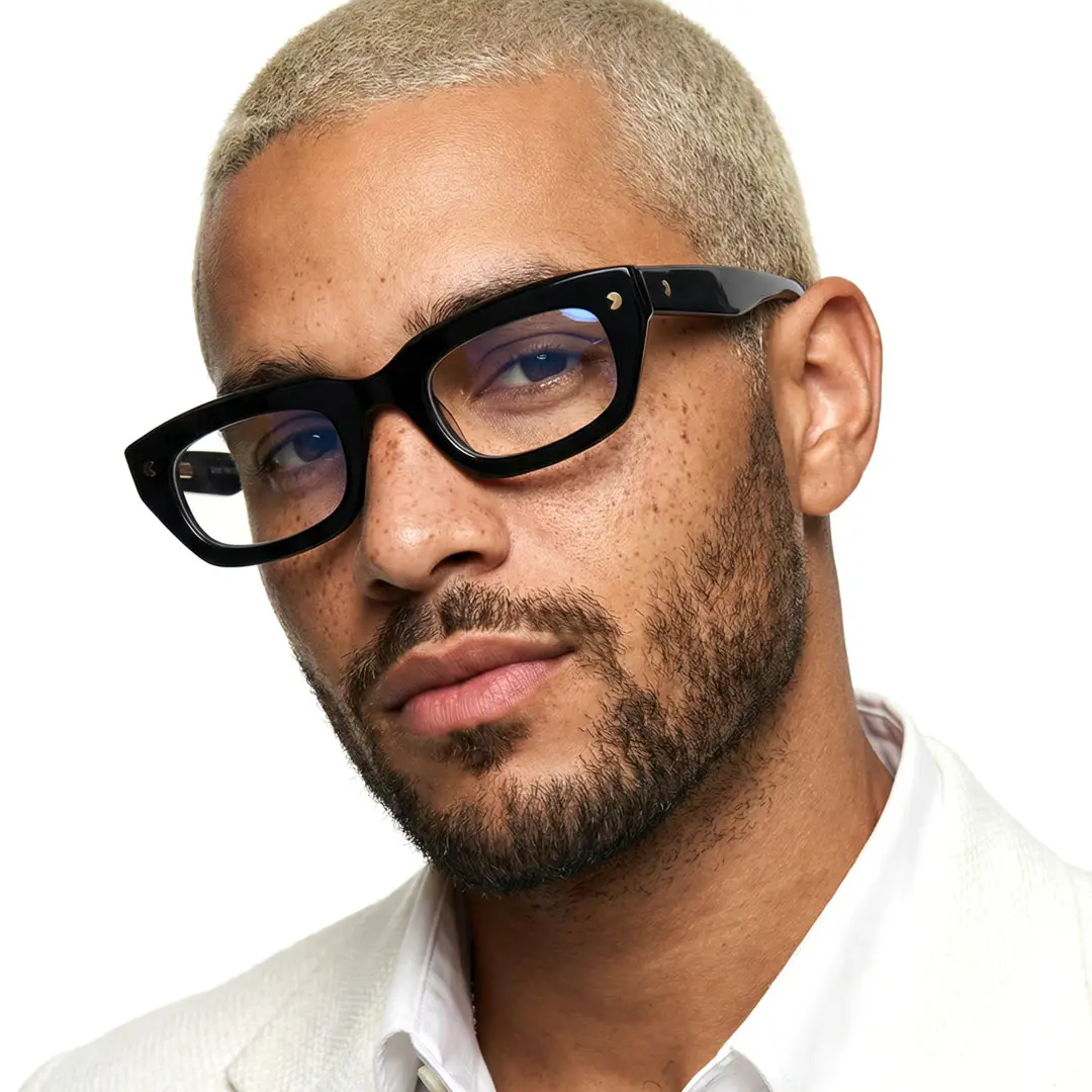 Three-quarter view of male nerd wearing black rectangle eyeglasses, neutral expression, EA0072305