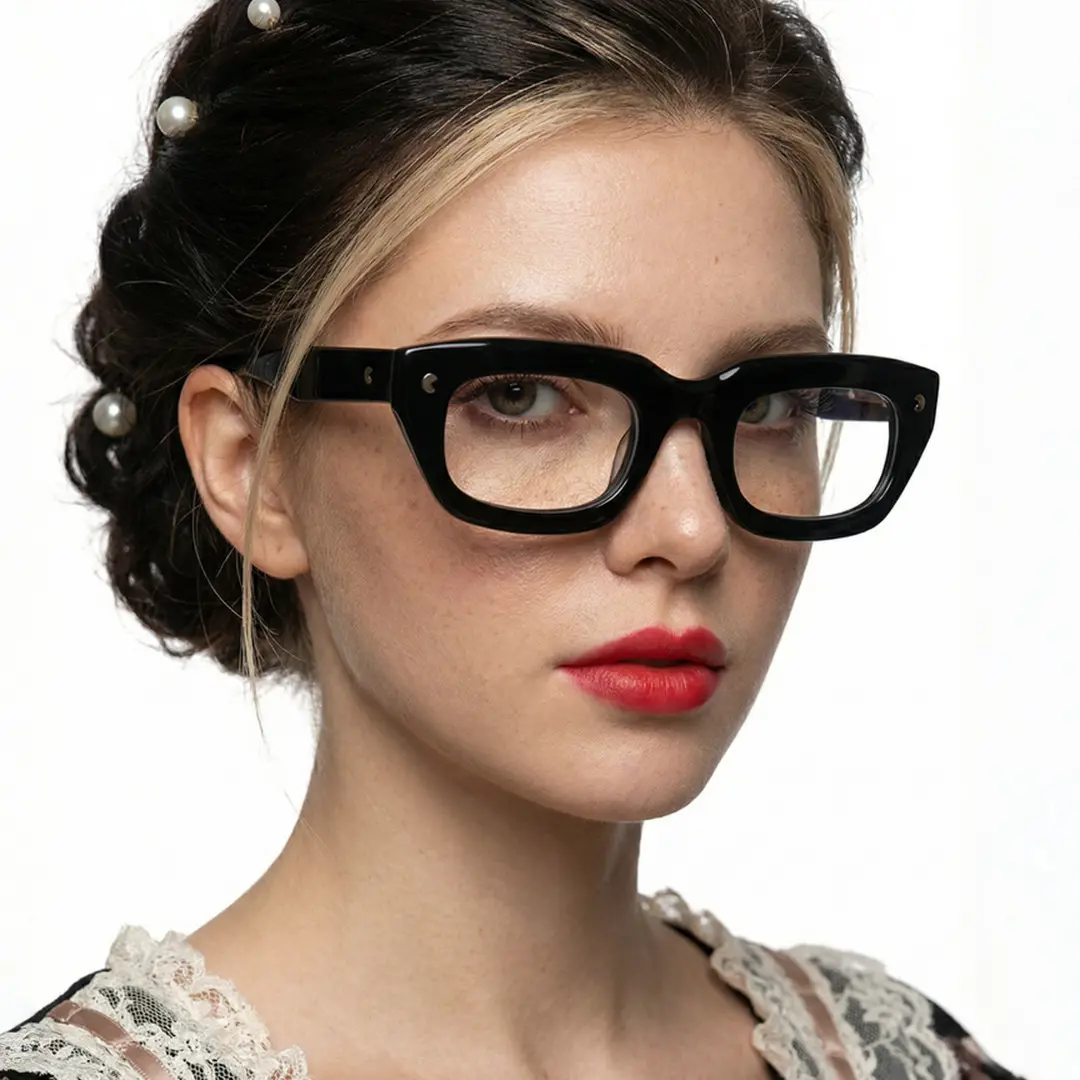 Profile view of female wearing nerd black rectangle eyeglasses, natural expression, EA0072305