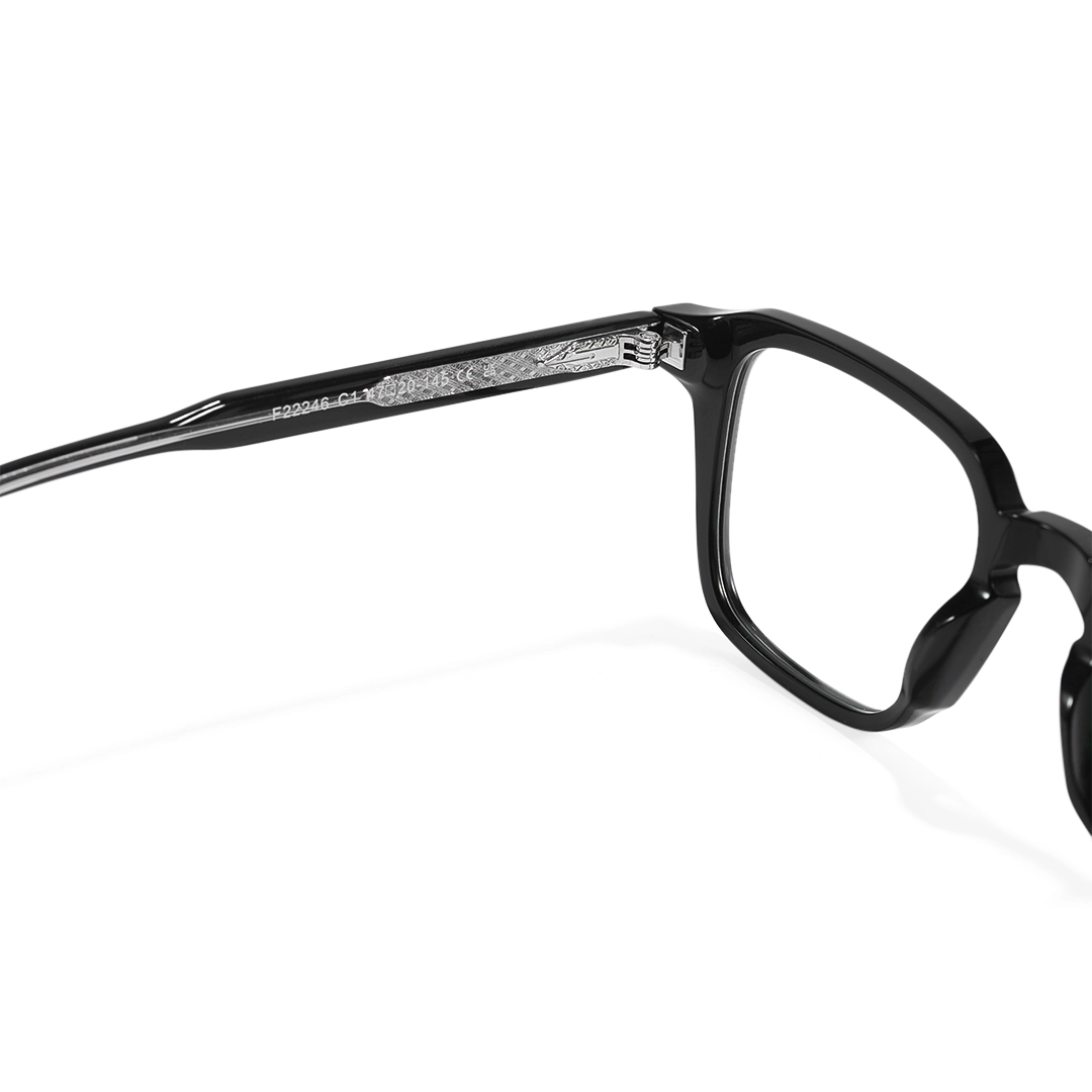 Hinge detail of Alaric rectangle acetate eyeglasses EA0122509 in black
