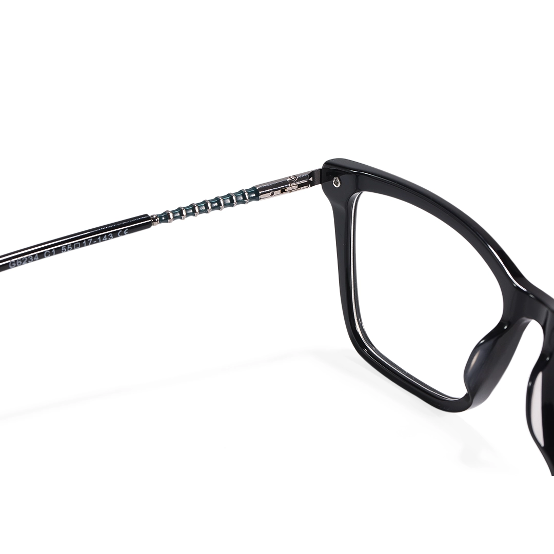 Temple detail of Dalen rectangle acetate eyeglasses EA0252509 in black