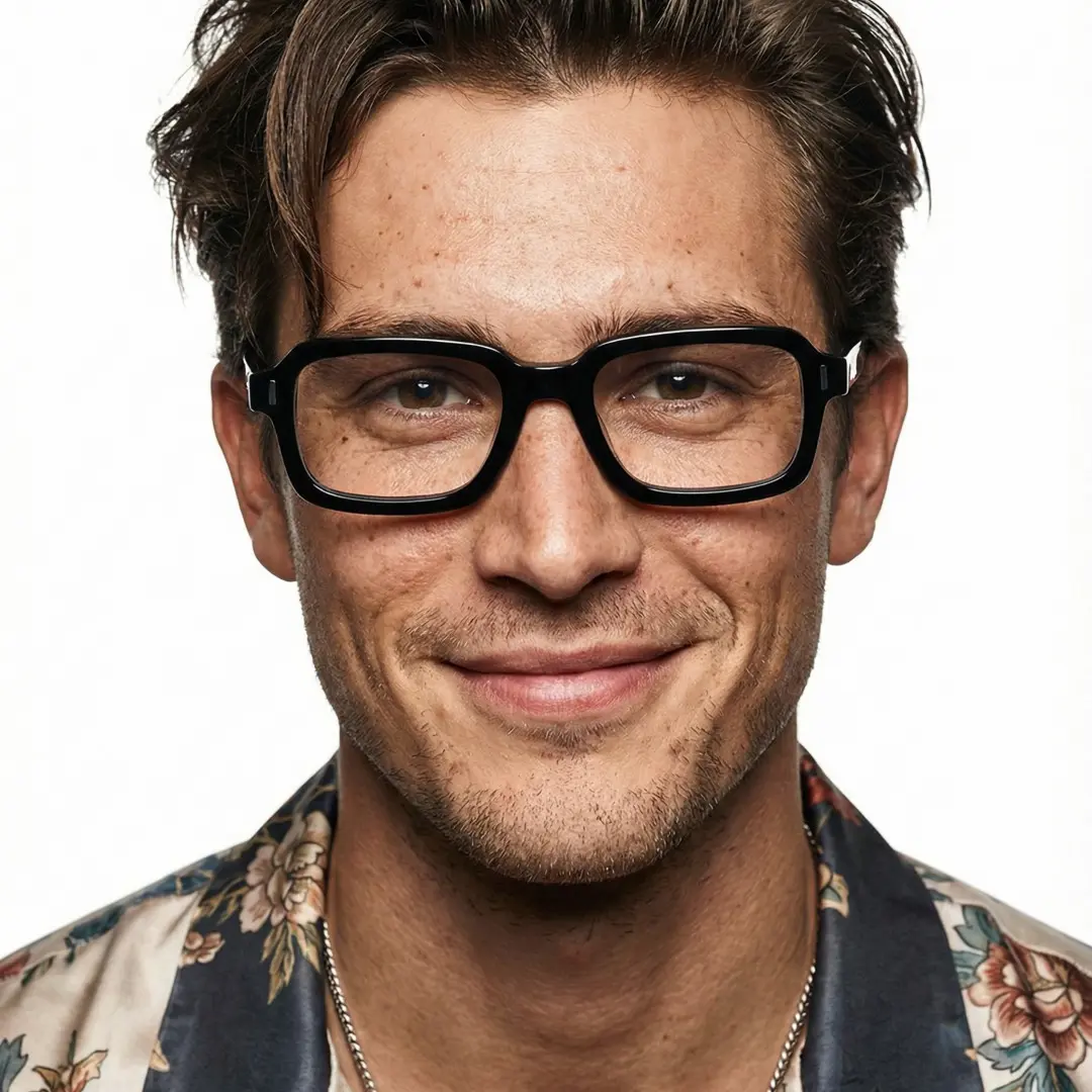 Front view of male wearing y2k black rectangle eyeglasses, natural smile, EA0412508