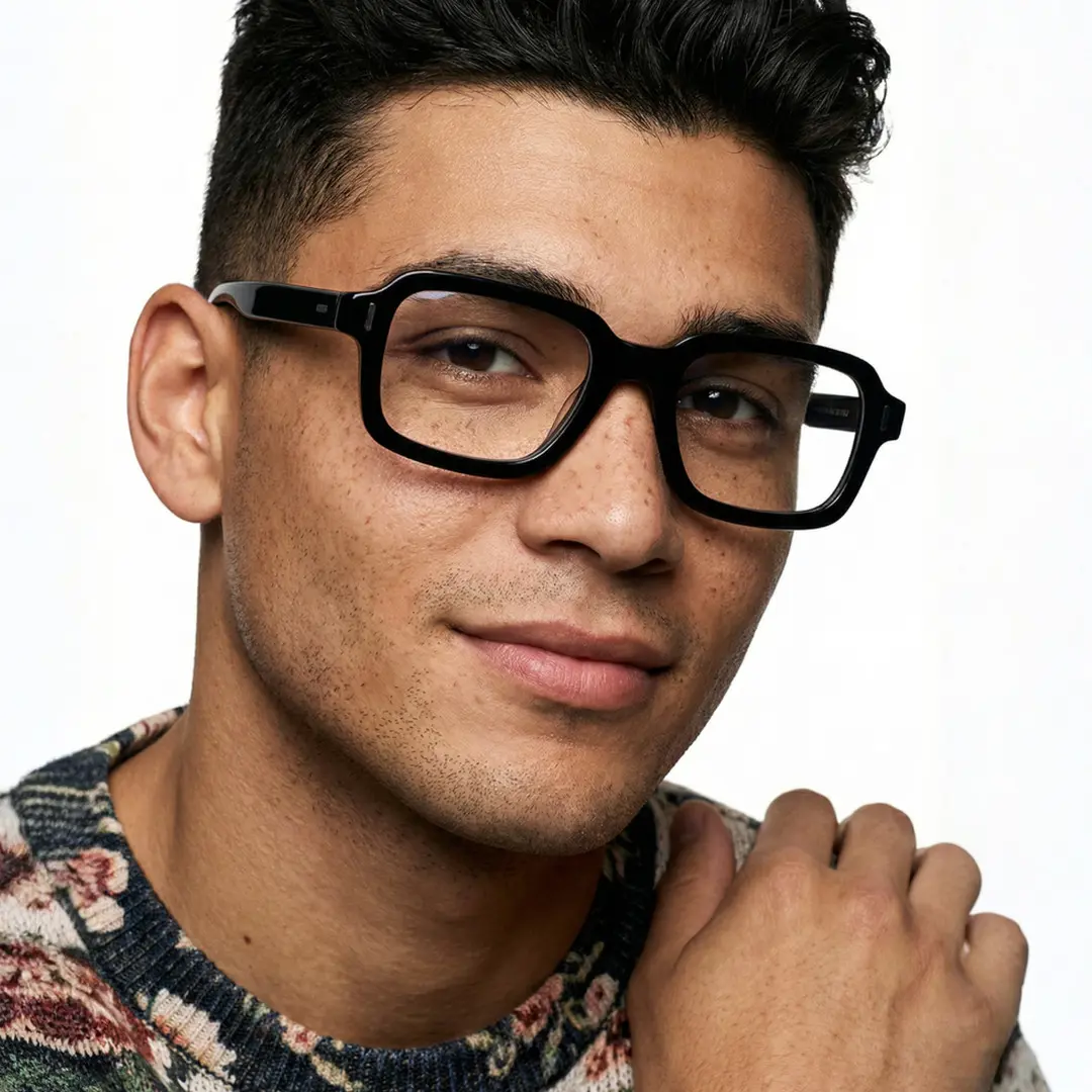 Front view of male wearing y2k black rectangle eyeglasses, hand touching shoulder, natural expression, EA0412508