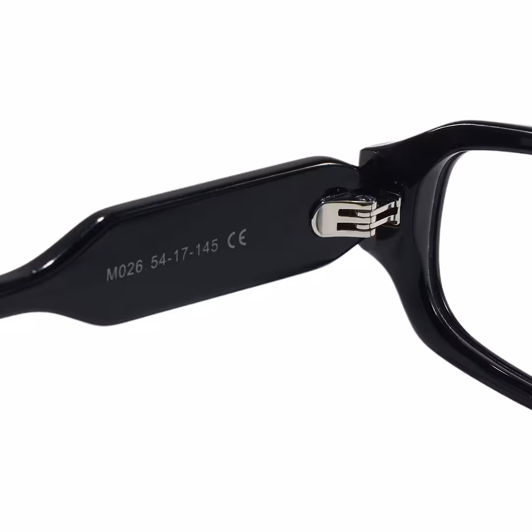 Hinge detail of Xylo office siren rectangle acetate eyeglasses EA0472605 in black