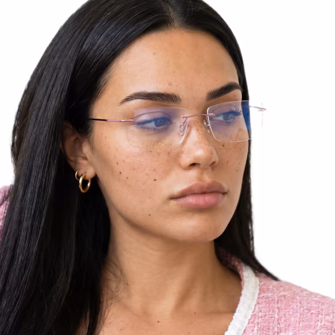 Female wearing pink rectangle metal eyeglasses, neutral expression. SPU: EM0172605