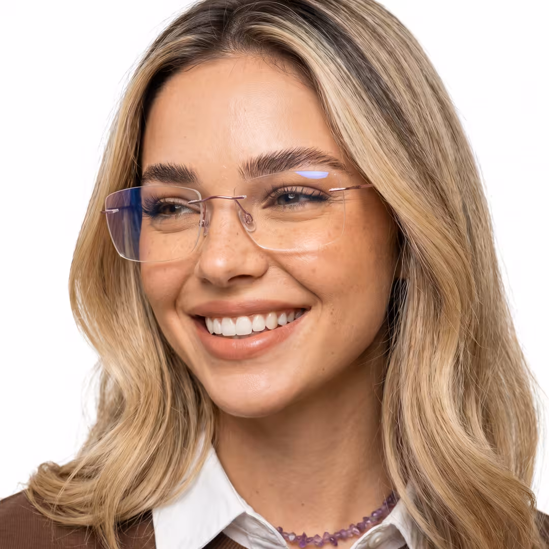 Female wearing pink rectangle metal eyeglasses, smiling. SPU: EM0172605