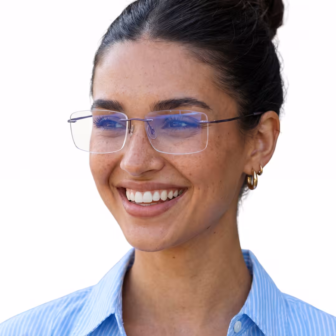 Female wearing purple rectangle metal eyeglasses, smiling. SPU: EM0172605