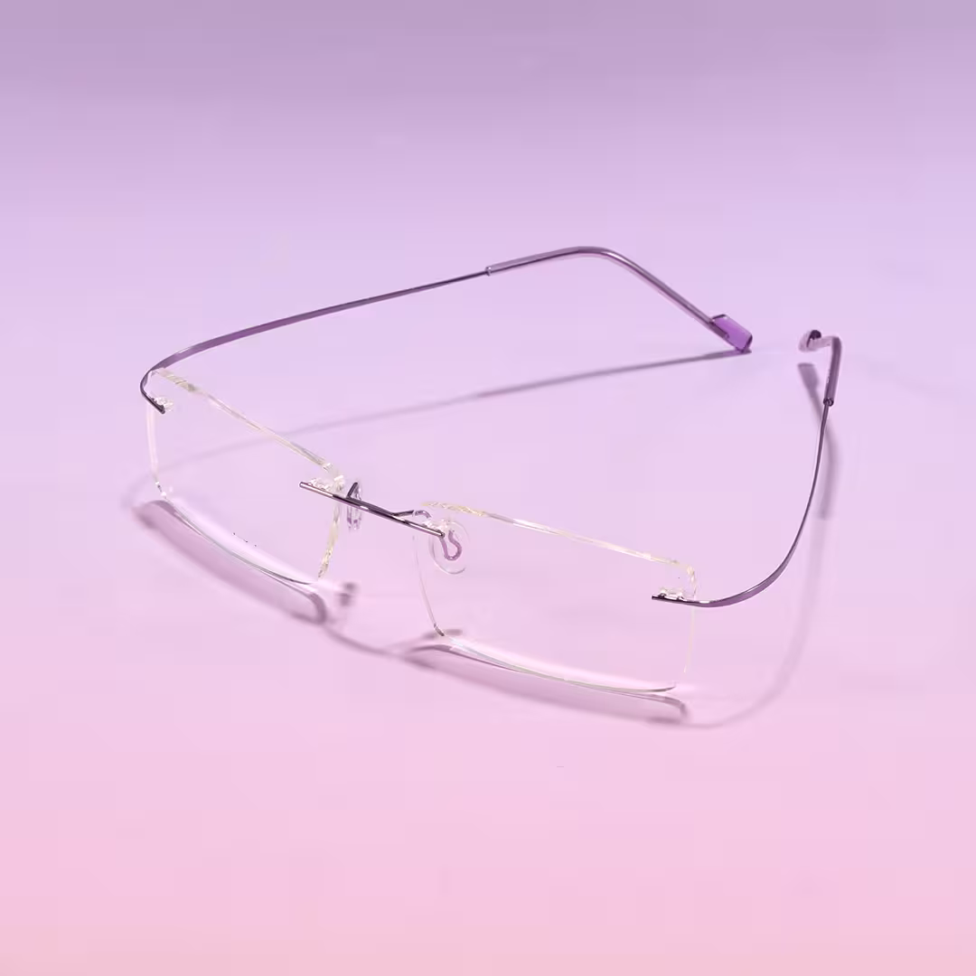 Scene close-up view of Kaida rectangle metal eyeglasses EM0172605 in purple