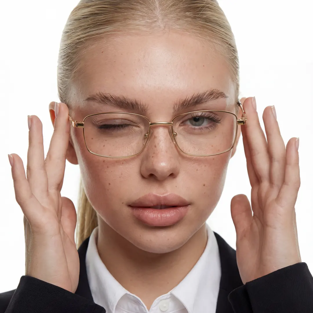 Front view of female wearing gold rectangle eyeglasses, touching frame, natural expression, EM0182508