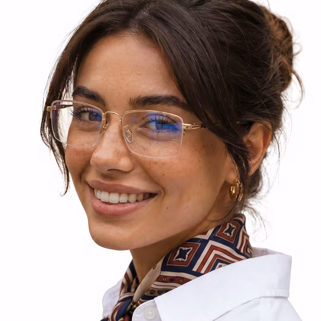 Female wearing office siren gold rectangle metal eyeglasses, smiling. SPU: EM0192605