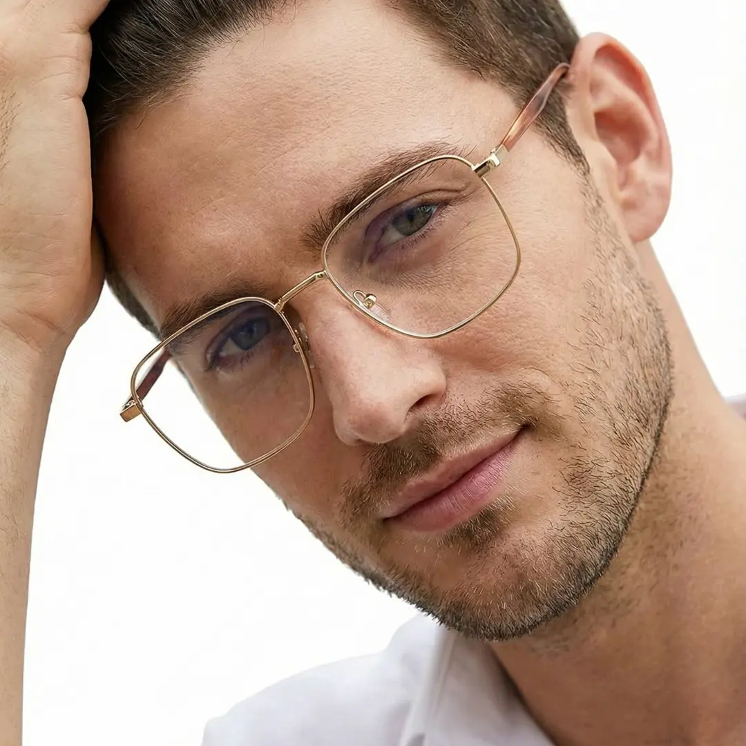 Front view of male wearing gold rectangle eyeglasses, hand in hair, smiling, EM0242508