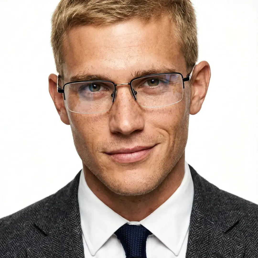 Front view of male wearing black rectangle eyeglasses, smiling, EM0252508