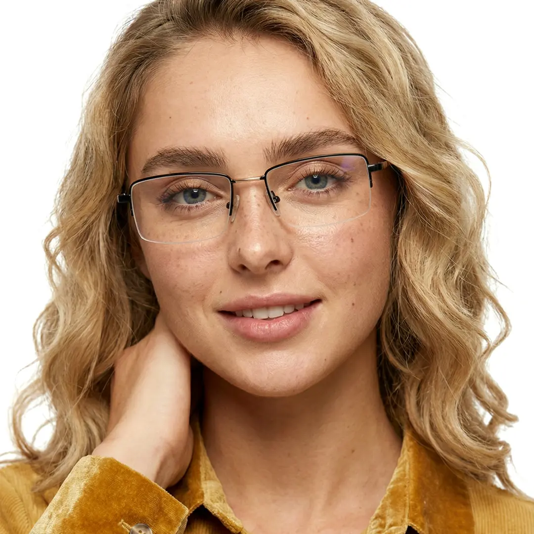Front view of female wearing black rectangle eyeglasses, smiling, EM0252508