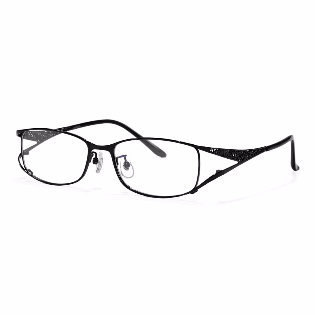 Angle view of Ophelia office siren rectangle metal eyeglasses EM0252605 in black