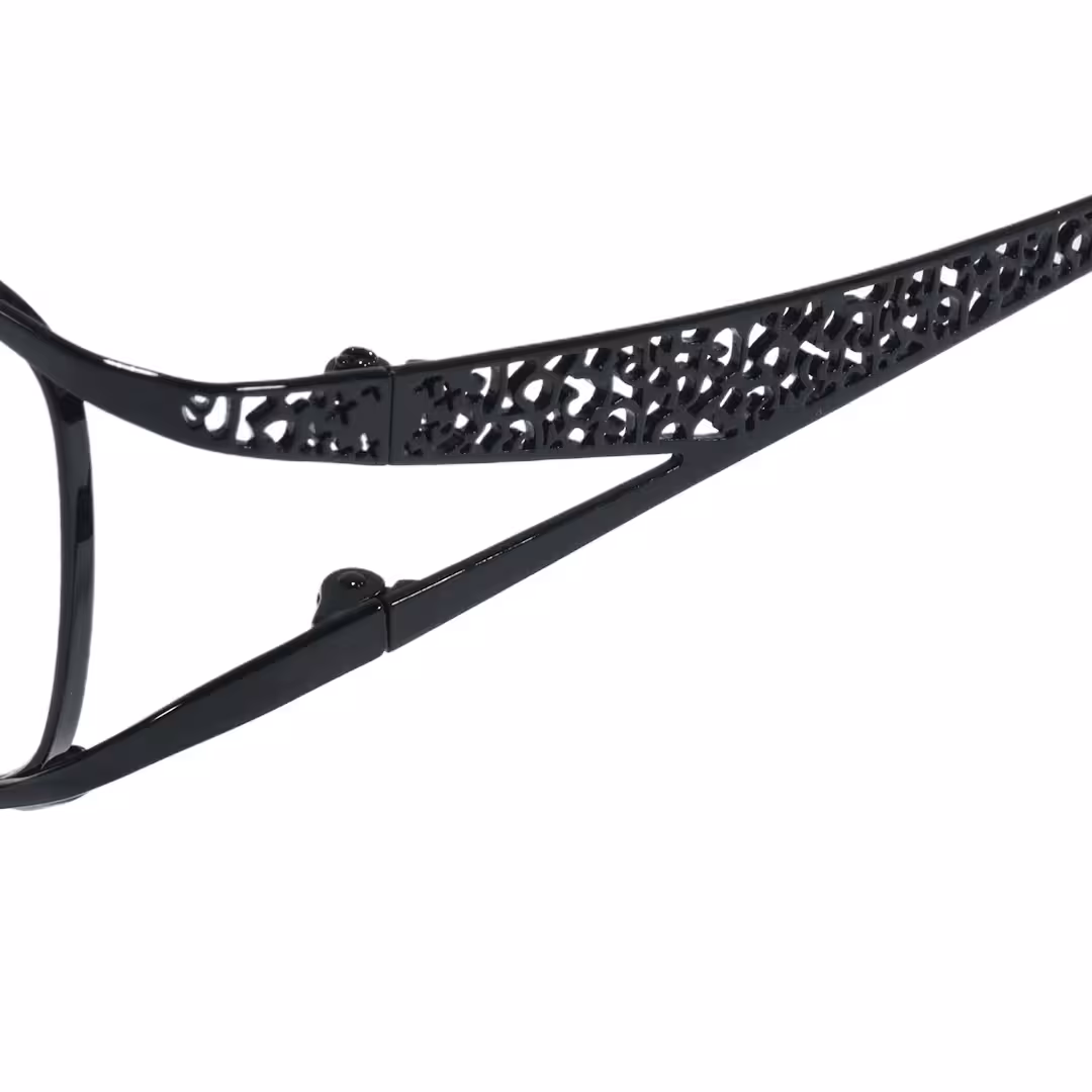 End piece detail of Ophelia office siren rectangle metal eyeglasses EM0252605 in black