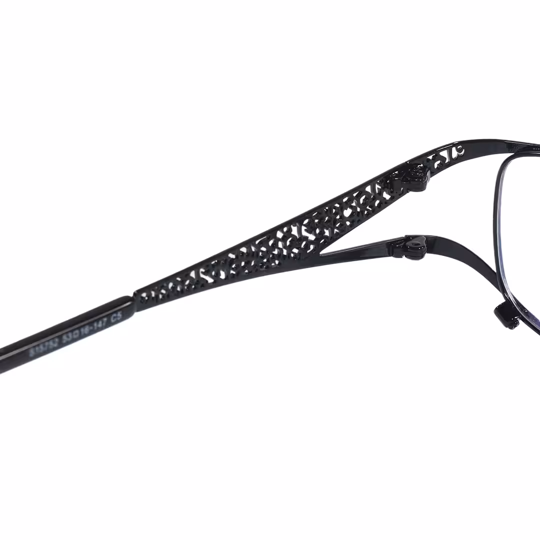 Hinge detail of Ophelia office siren rectangle metal eyeglasses EM0252605 in black