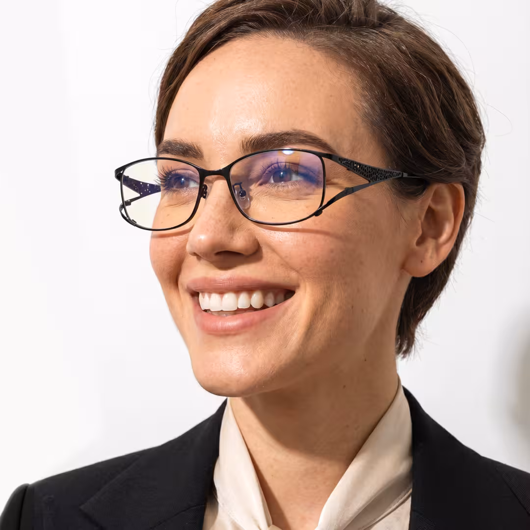 Female wearing office siren black rectangle metal eyeglasses, natural smile. SPU: EM0252605