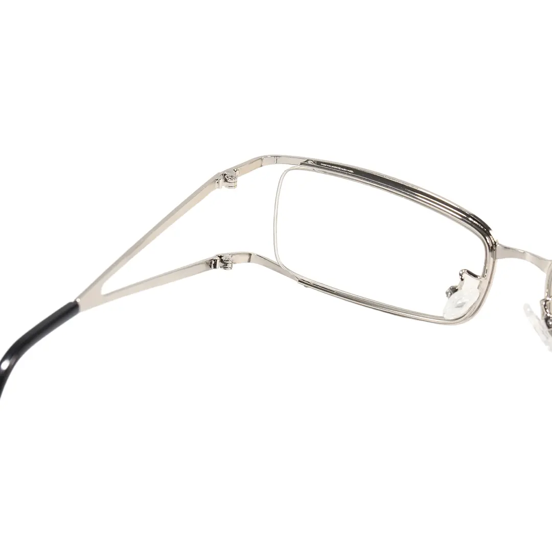 Hinge detail of Cassian y2k rectangle metal eyeglasses EM0292603 in silver