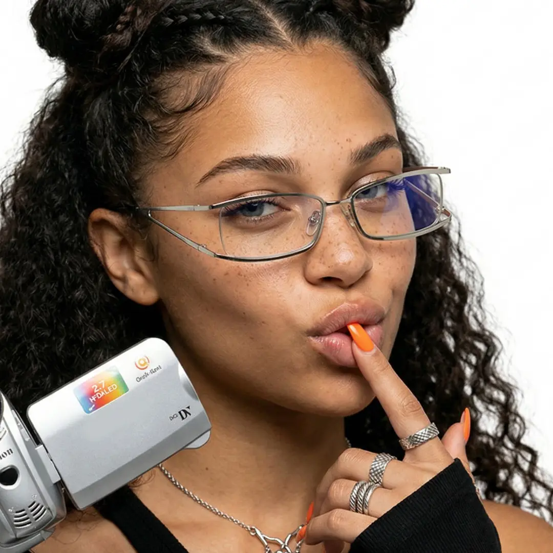 Three-quarter view of female wearing y2k silver rectangle eyeglasses, finger touching lips, playful expression, EM0292603