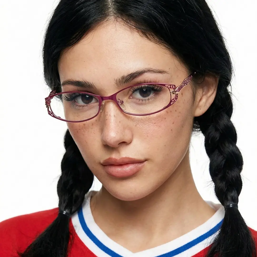 Front view of female wearing purple rectangle eyeglasses, neutral expression, EM0312601