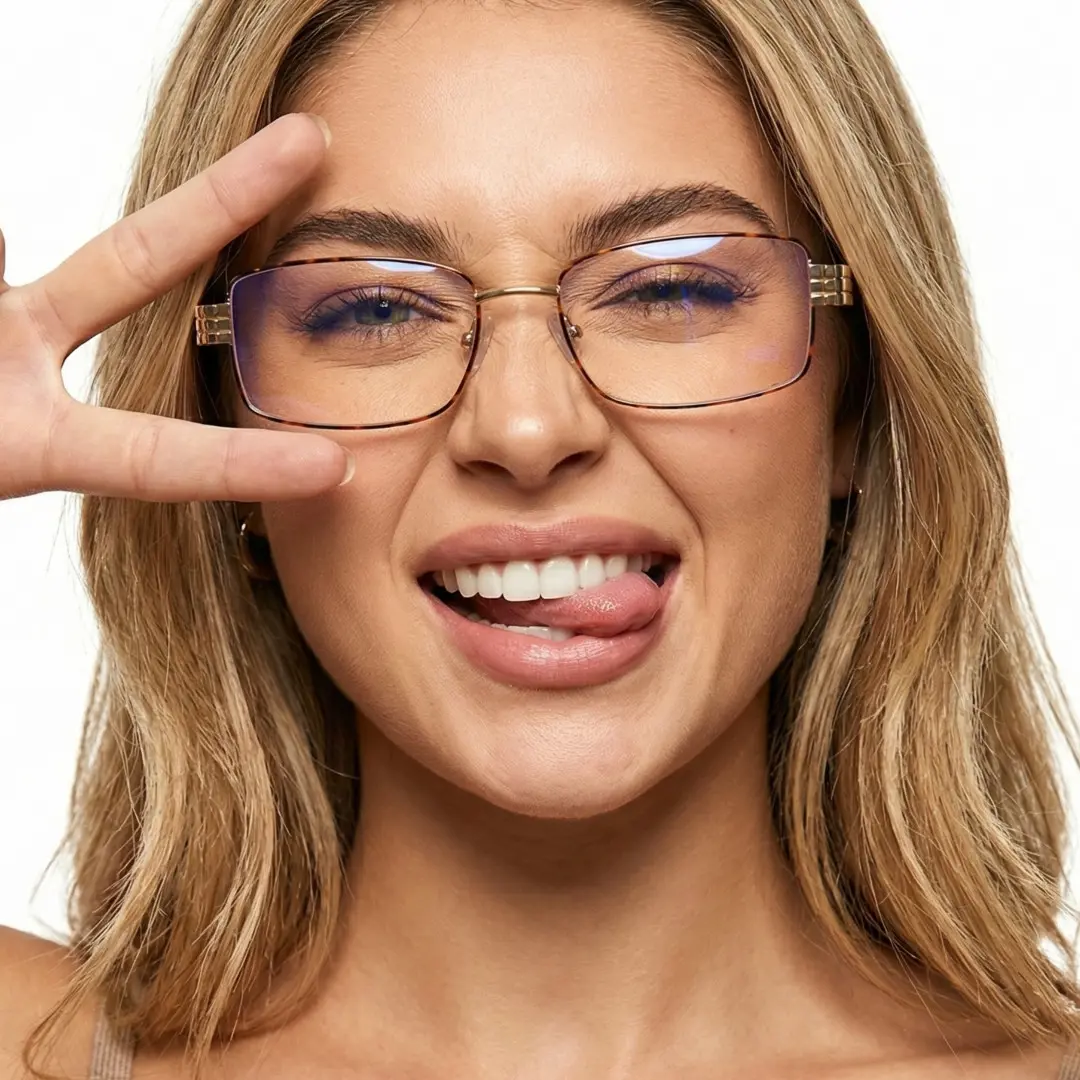 Front view of female wearing tortoise rectangle eyeglasses, sticking out tongue, EM0322508