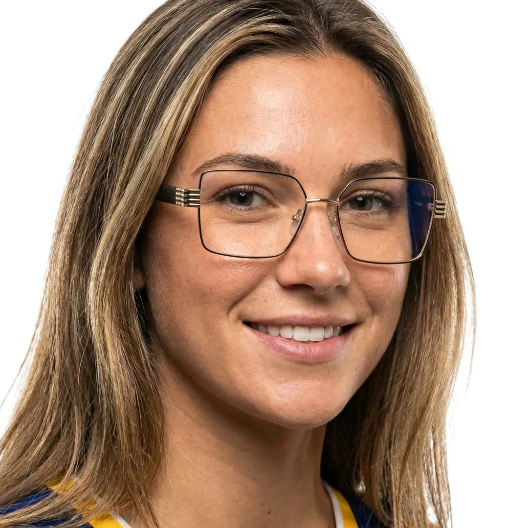 Front view of female wearing black rectangle eyeglasses, friendly smile, EM0332508