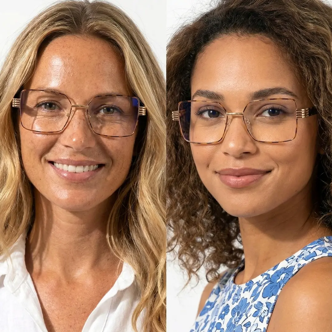 Front view of two people wearing tortoise rectangle eyeglasses, smiling, EM0332508