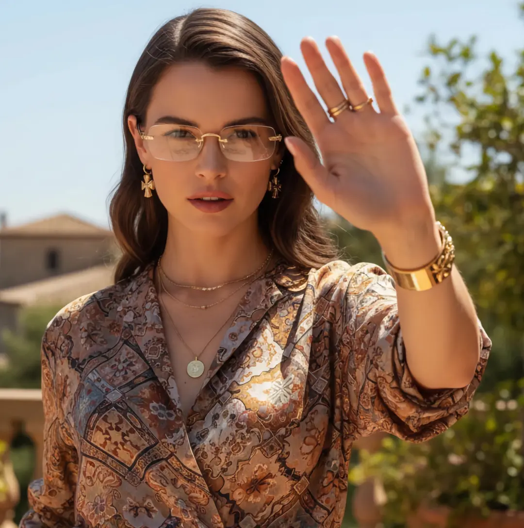 Front view of female wearing gold rectangle eyeglasses, hand in hair, natural expression, EM0352412