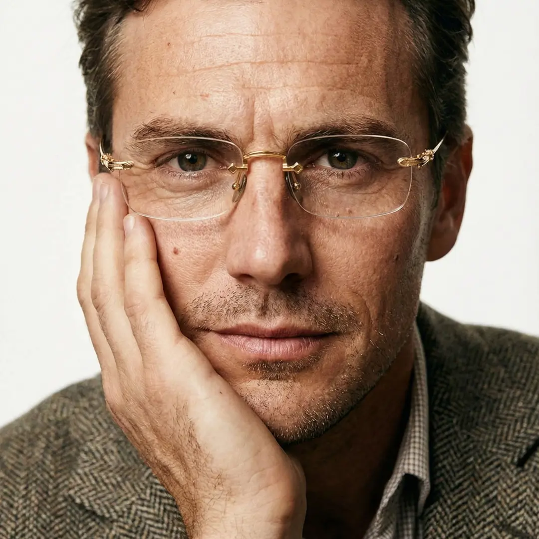 Front view of male wearing office siren gold rectangle eyeglasses, resting chin on hand, natural expression, EM0352412