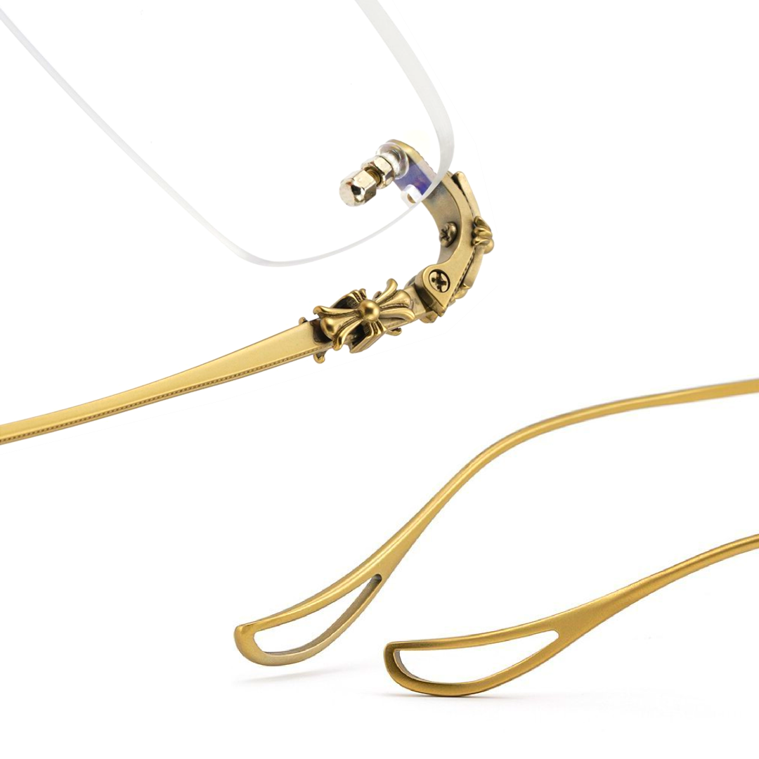 Spring hinge detail of Sylus office siren rectangle metal eyeglasses EM0352412 in gold