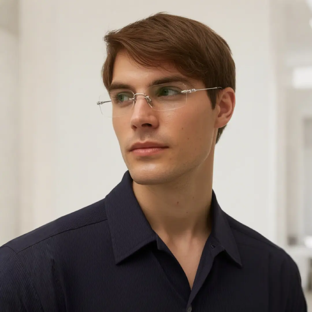 Front view of male wearing silver rectangle eyeglasses, relaxed expression, EM0352412