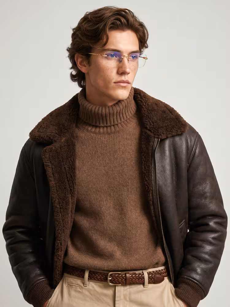Male model wearing fashion gold rectangle metal eyeglasses in an indoor portrait studio with plain soft light gray solid backdrop. SPU: EM0352412