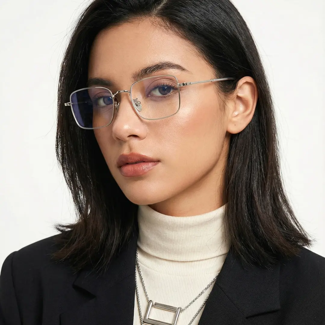 Three-quarter view of female wearing y2k silver rectangle eyeglasses, natural expression, EM0372412