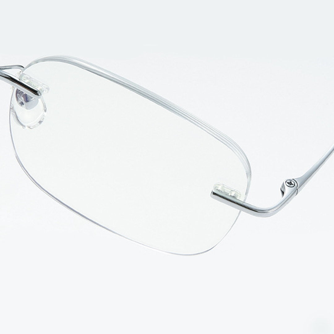End piece detail of Liora rectangle metal eyeglasses EM0392508 in silver